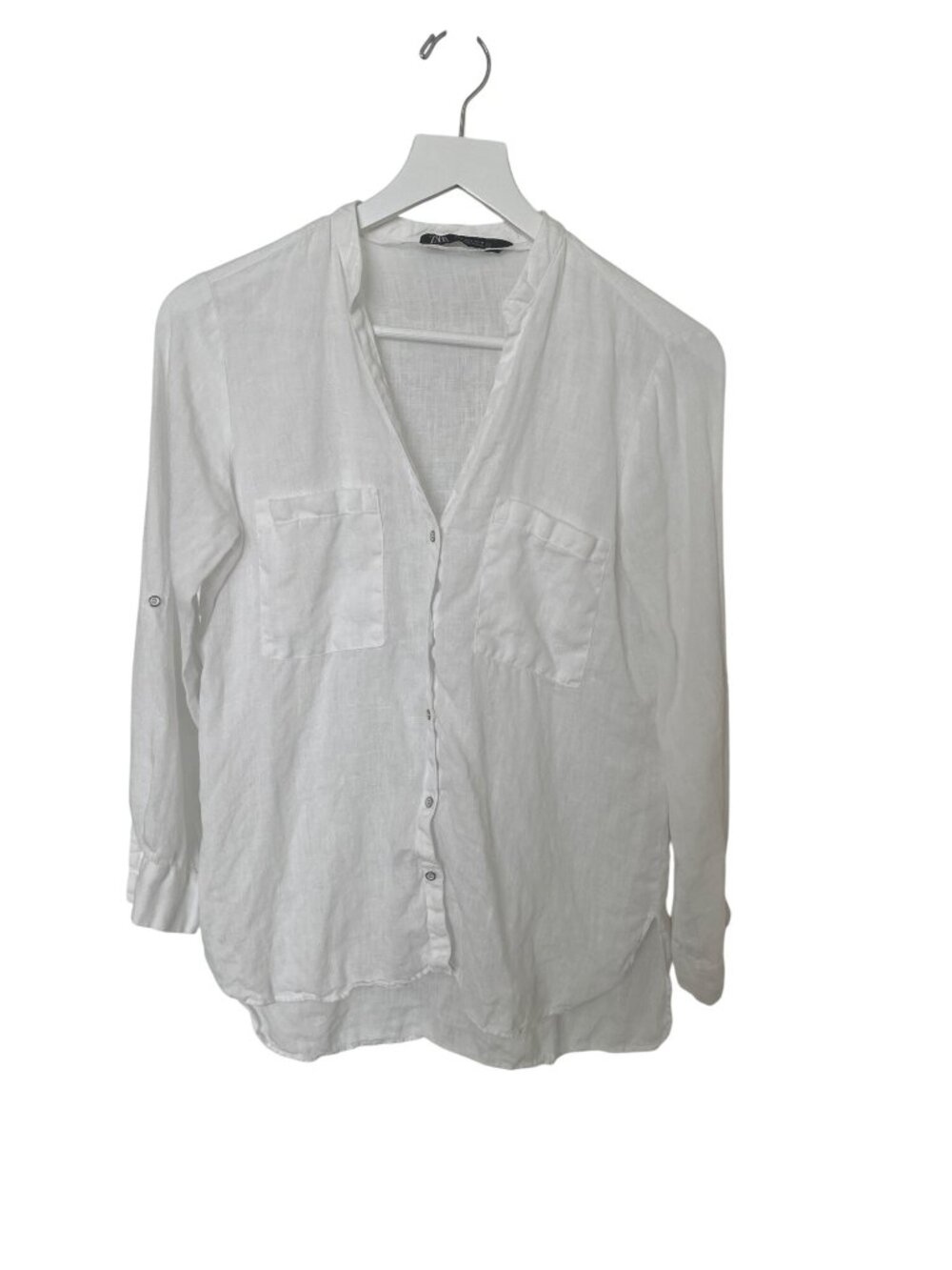 Zara White Linen Button Down Shirt With Front Pockets